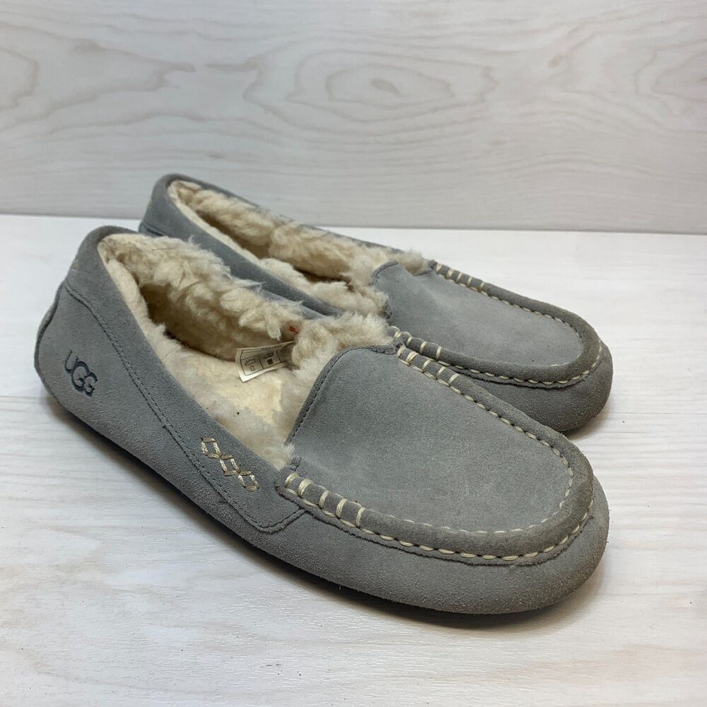 UGG‎ Ansley Slippers Women's Size 9 Gray Suede Faux Fur Lined Moccasin Shoes